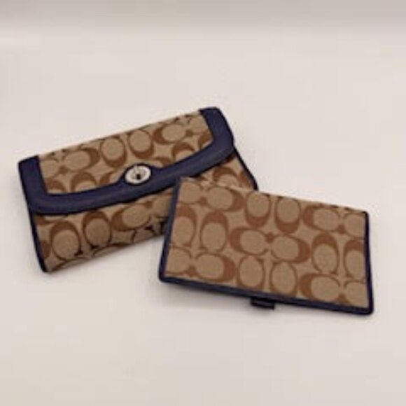 Coach Signature Canvas Wallet Set Violet Trim Turnlock Flap+Slim Checkbook - Picture 1 of 7